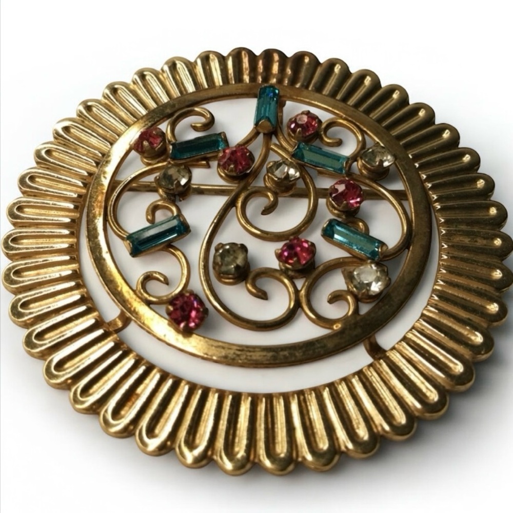 Vtg REGEL 1/20 12K Gold-Filled Filigree Brooch - Multicolor Rhinestones - Rare - Picture 4 of 11